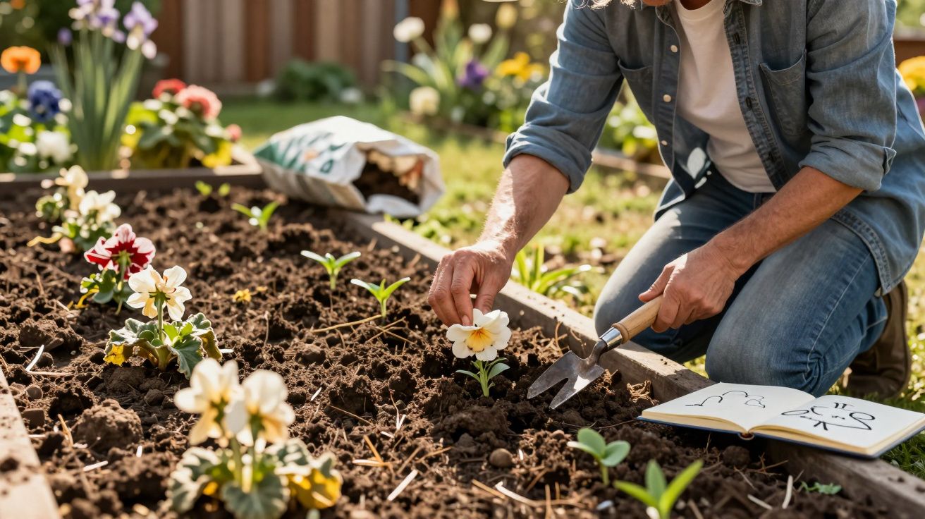 Pessoa a plantar flores num canteiro de jardim, com ferramentas e caderno ao lado.