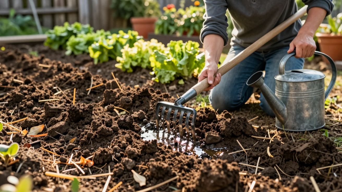 Pessoa a cuidar de terra húmida numa horta, com mangual na mão e regador metálico ao lado.