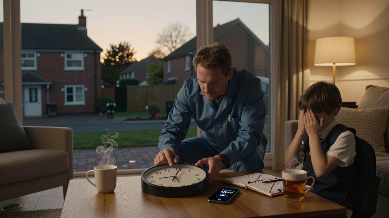 Homem ajeita relógio na mesa enquanto menino cobre o rosto, numa sala com janelas para a rua ao entardecer.