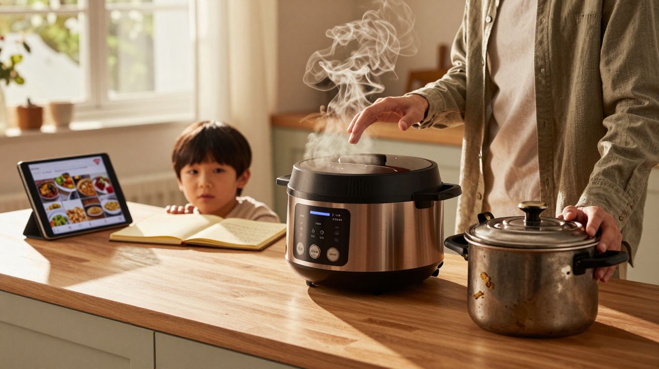 Criança observa adulto a abrir panela elétrica fumegante numa cozinha iluminada e moderna.