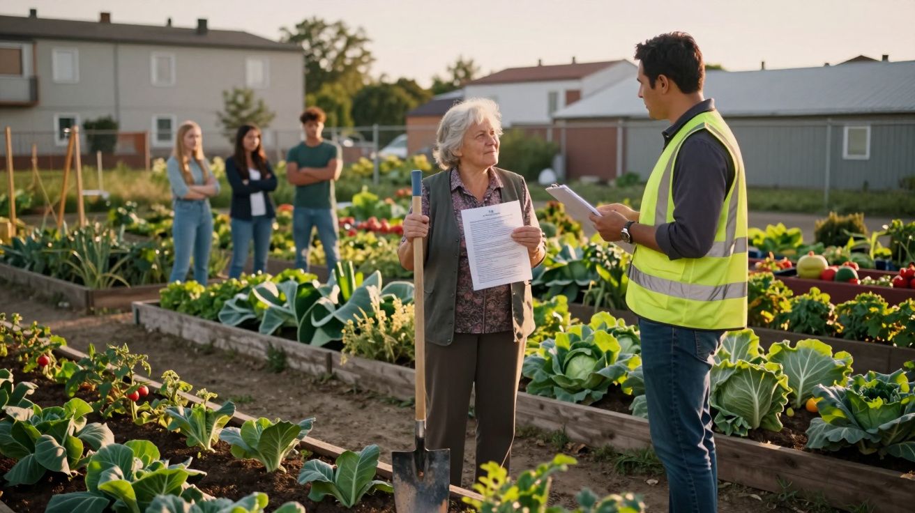 Pessoa idosa conversa com homem de colete refletor numa horta comunitária, com mais três pessoas ao fundo.