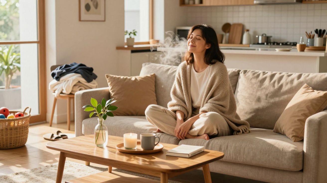 Mulher sentada no sofá da sala, relaxando com os olhos fechados numa tarde iluminada.