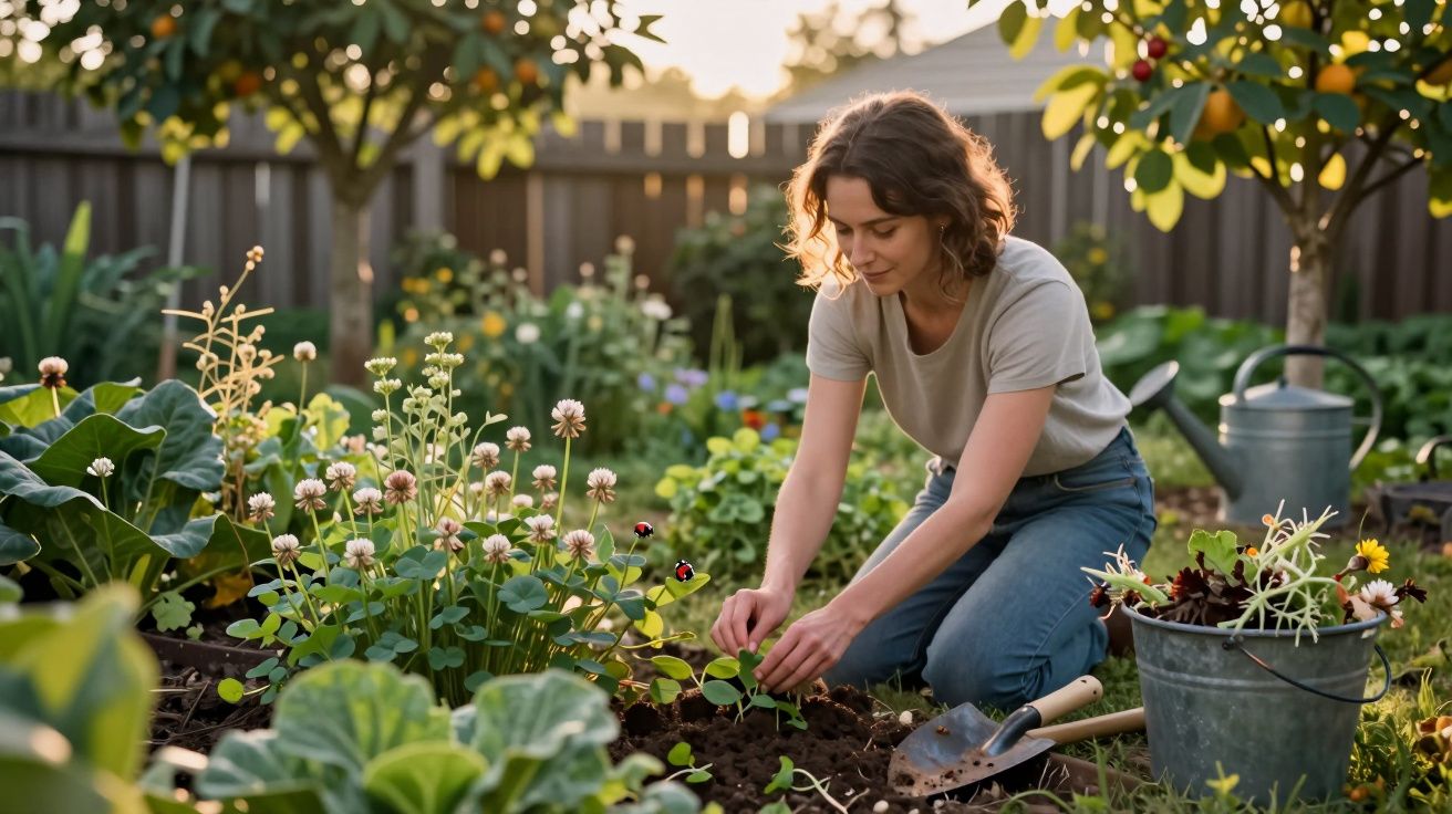 Mulher a cuidar de plantas num jardim ensolarado, rodeada de flores e árvores com frutos.