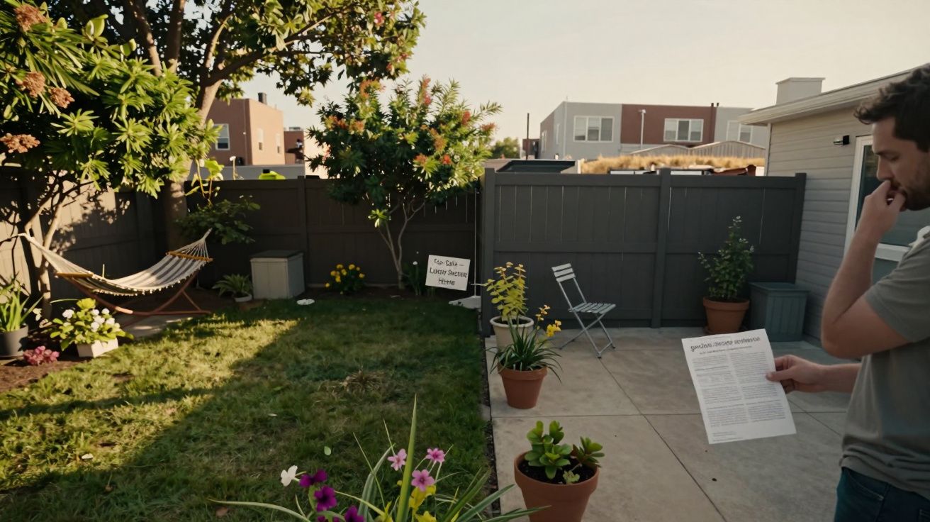 Homem a ler papel no jardim com plantas, relvado e rede com casas ao fundo.