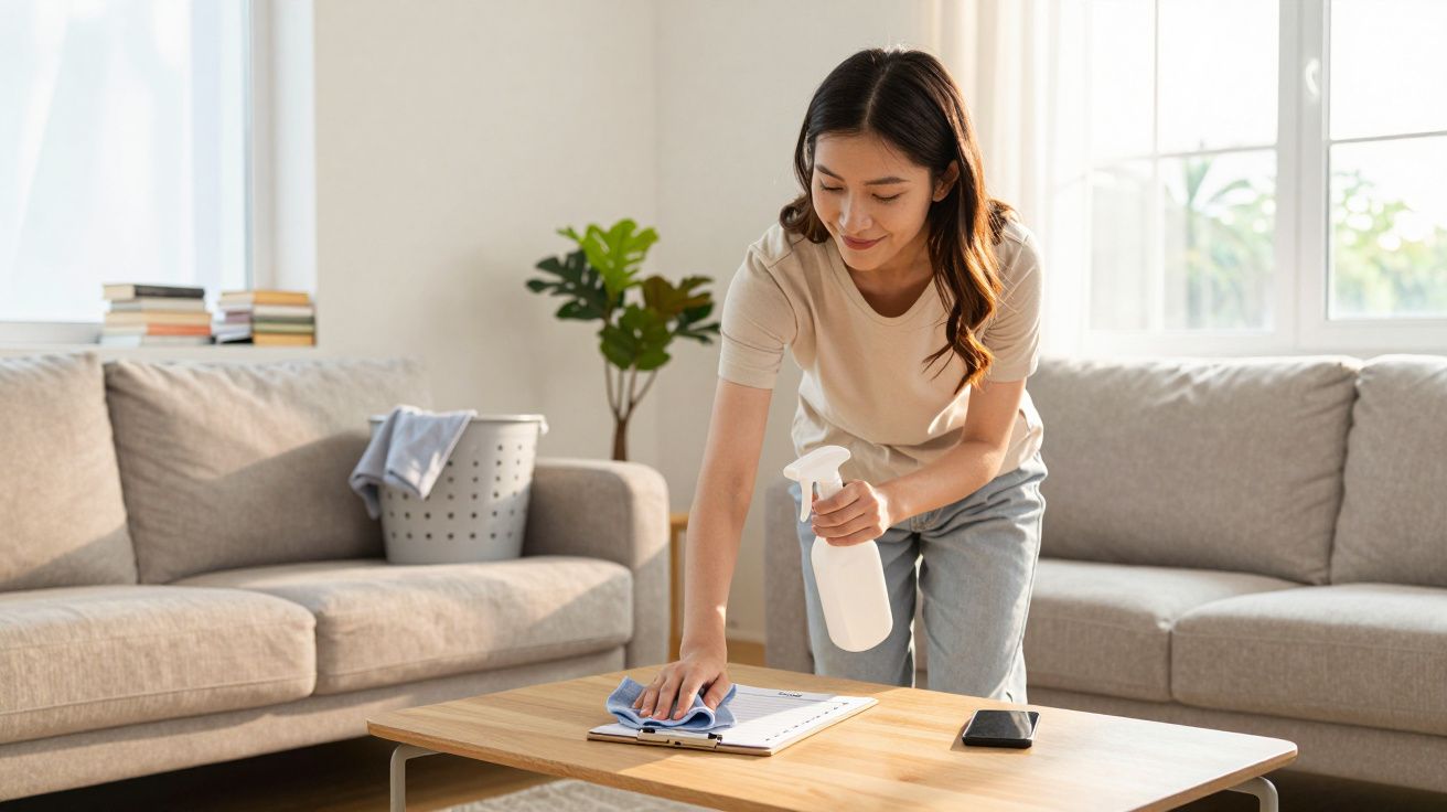 Mulher jovem a limpar a mesa de madeira na sala com tecido e spray de limpeza.