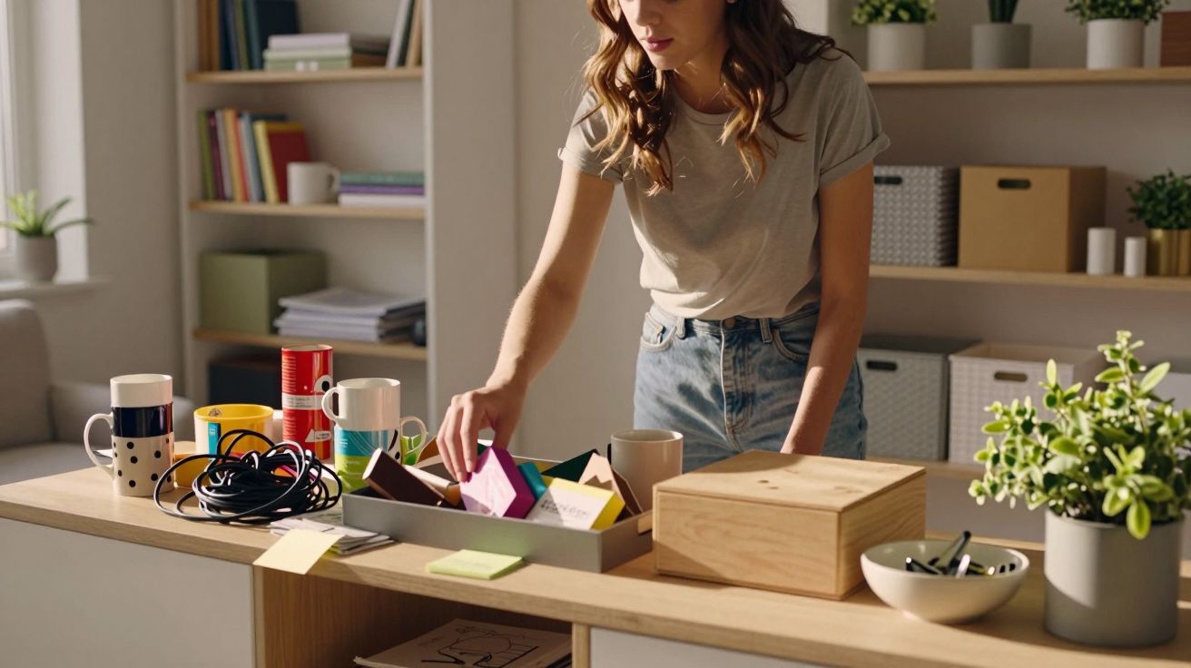 Mulher a organizar material de escritório numa secretária com canecas, caixotes e plantas numa sala iluminada.