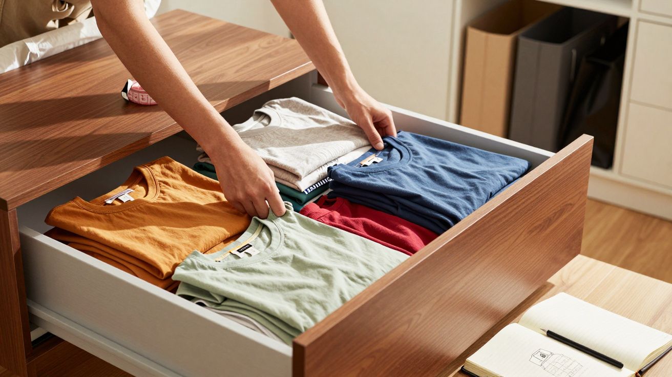 Mãos organizam t-shirts dobradas de várias cores numa gaveta de madeira na divisão de casa.