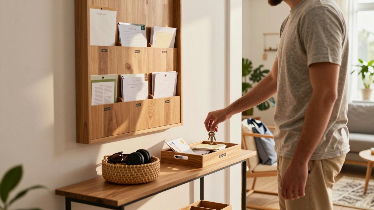 Pessoa a guardar chaves num porta-chaves de madeira numa entrada luminosa de casa moderna.