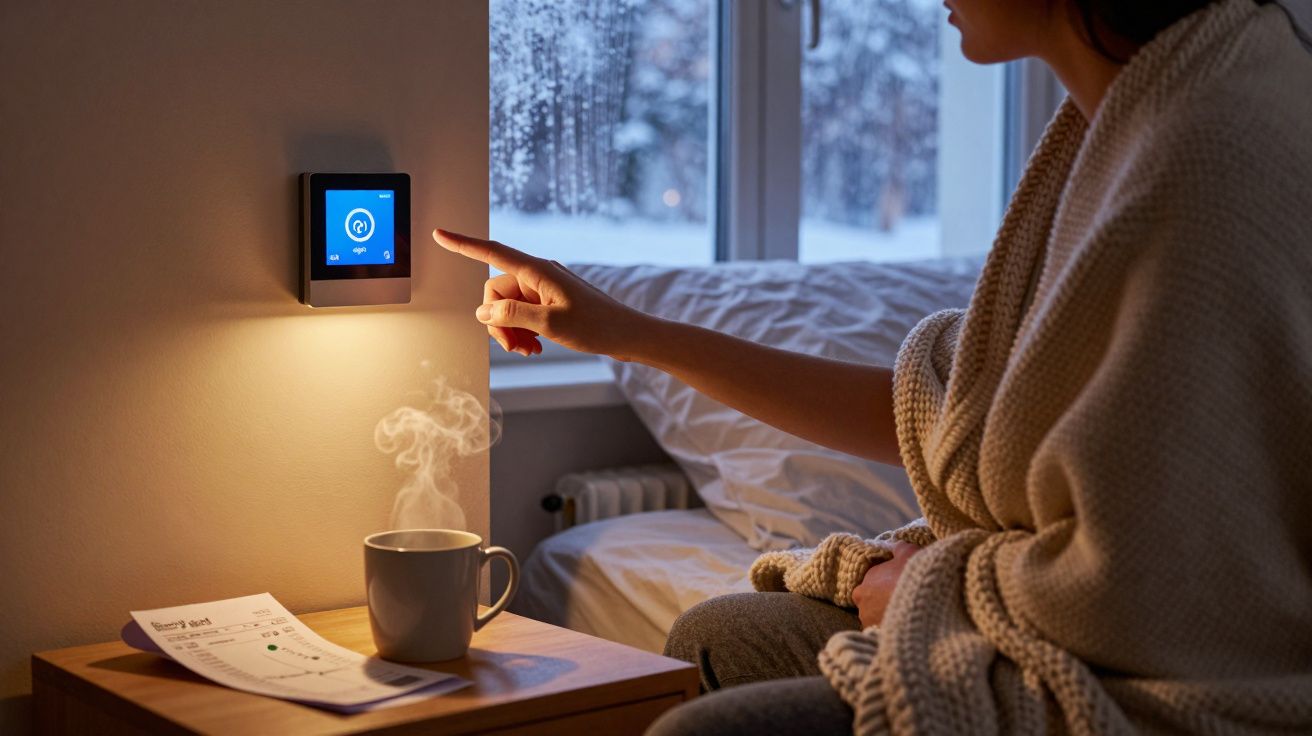 Pessoa a ajustar termóstato digital junto a mesa de cabeceira com chá quente e janela com neve ao fundo.