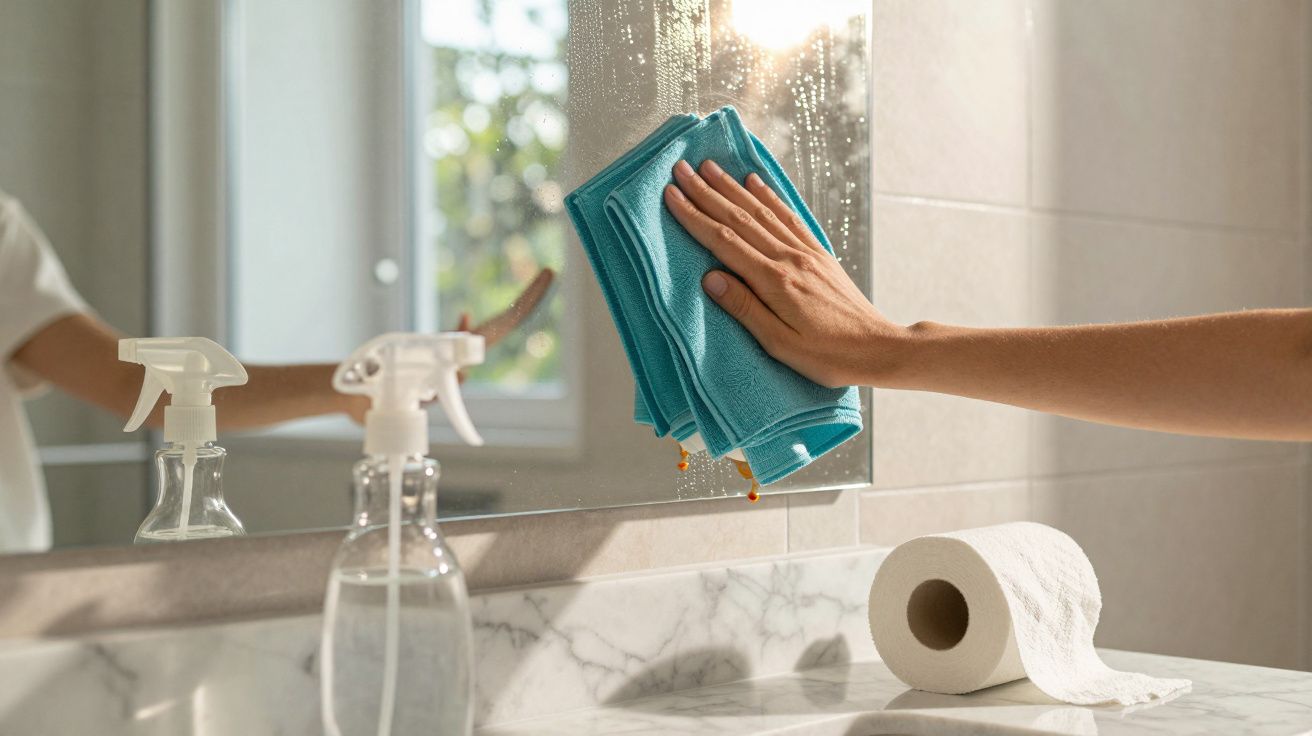 Mão a limpar o espelho da casa de banho com pano azul, spray e rolo de papel higiénico na bancada.