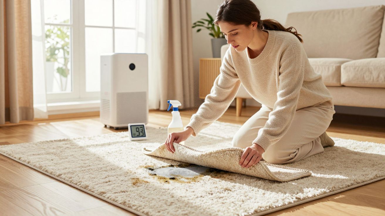 Mulher ajoelhada a levantar tapete para limpar mancha líquida num chão de madeira interior.