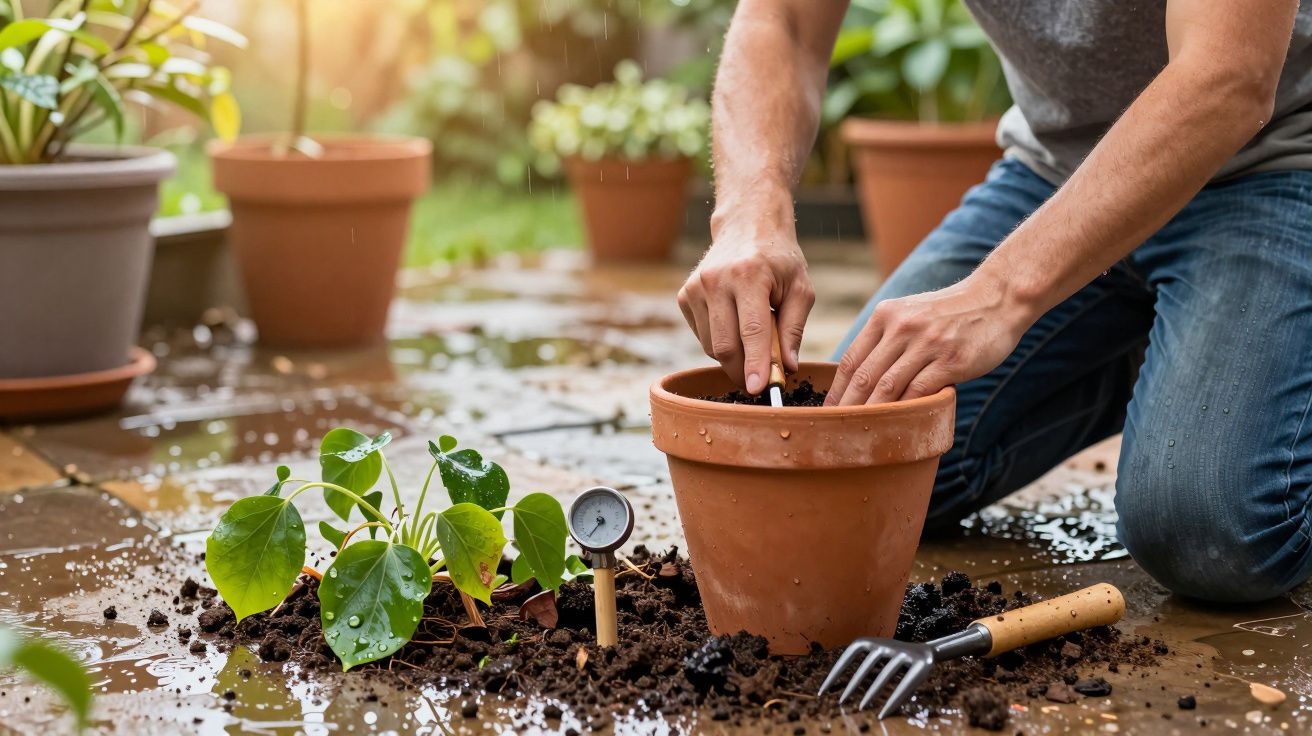 Pessoa a plantar uma muda num vaso de barro num jardim com terra e ferramentas à volta.