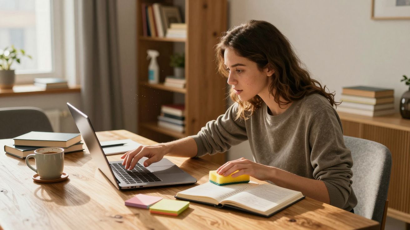 Mulher jovem a estudar em casa com computador portátil, livro aberto e post-its numa mesa de madeira.