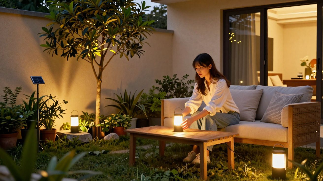 Mulher sentada no sofá do jardim à noite a acender uma lanterna numa mesa de madeira.