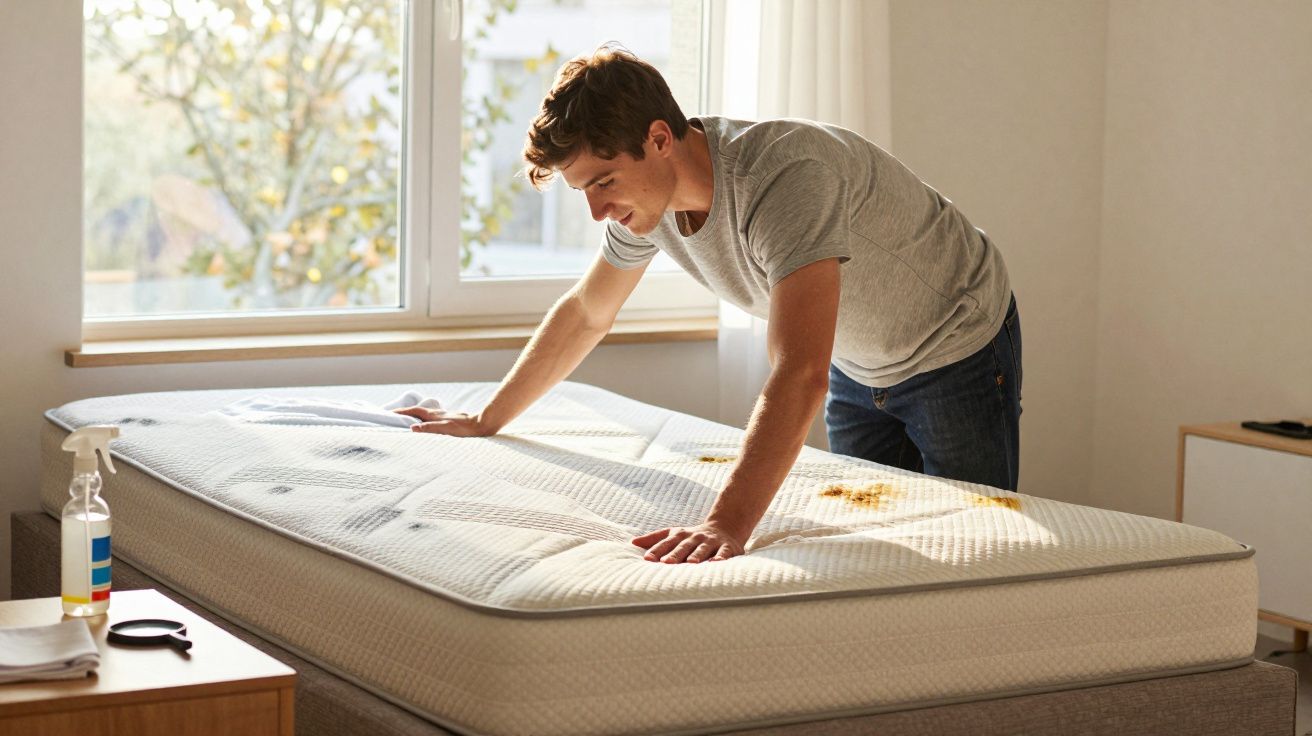 Homem a limpar mancha amarela de colchão com spray numa cama junto à janela iluminada.