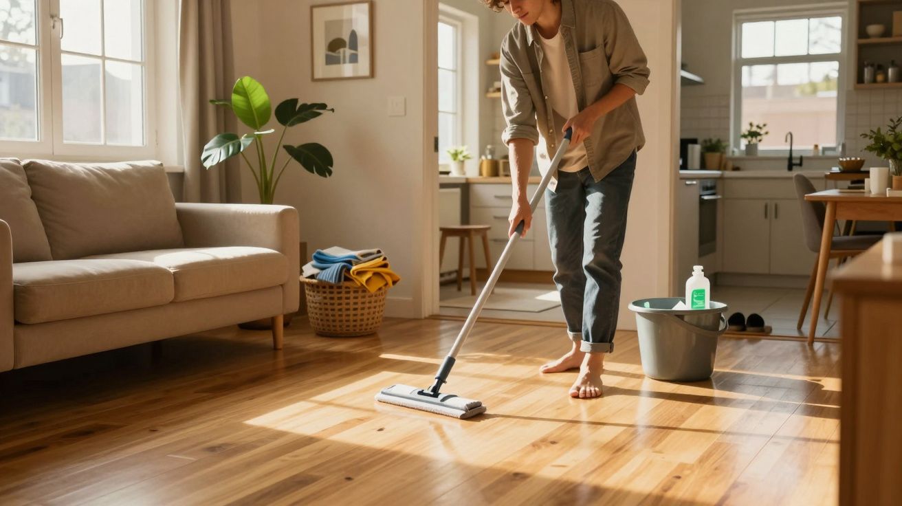 Pessoa a limpar o chão de madeira da sala de estar com esfregona, luz natural a entrar pela janela.