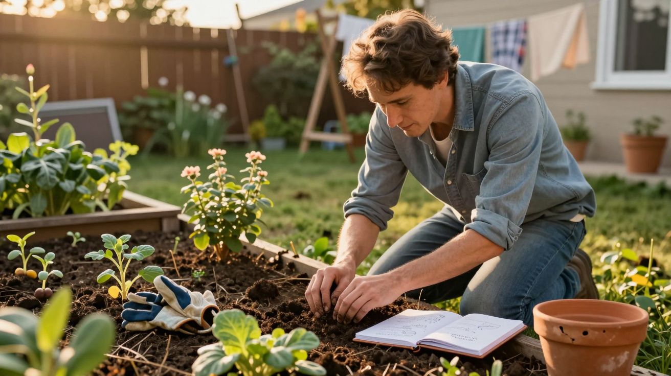 Homem a plantar mudas numa horta com caderno e luvas ao lado num jardim ao fim da tarde.