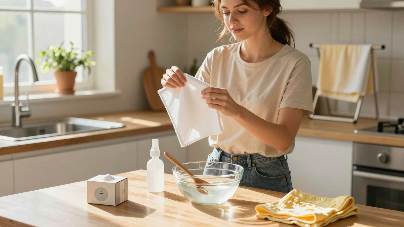 Mulher limpa um pano branco com solução líquida numa cozinha luminosa e moderna.