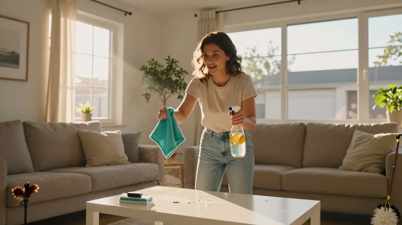 Mulher a limpar mesa de centro numa sala iluminada, segurando spray e pano azul.