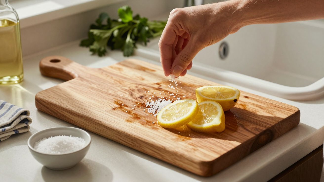 Mão polvilha sal grosso sobre fatias de limão num tabuleiro de madeira numa cozinha iluminada.