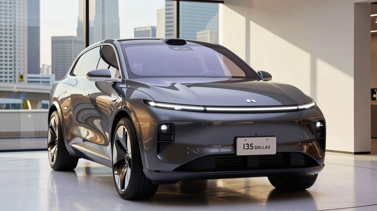 Carro elétrico cinza moderno estacionado numa sala com janelas grandes e vista urbana ao fundo.