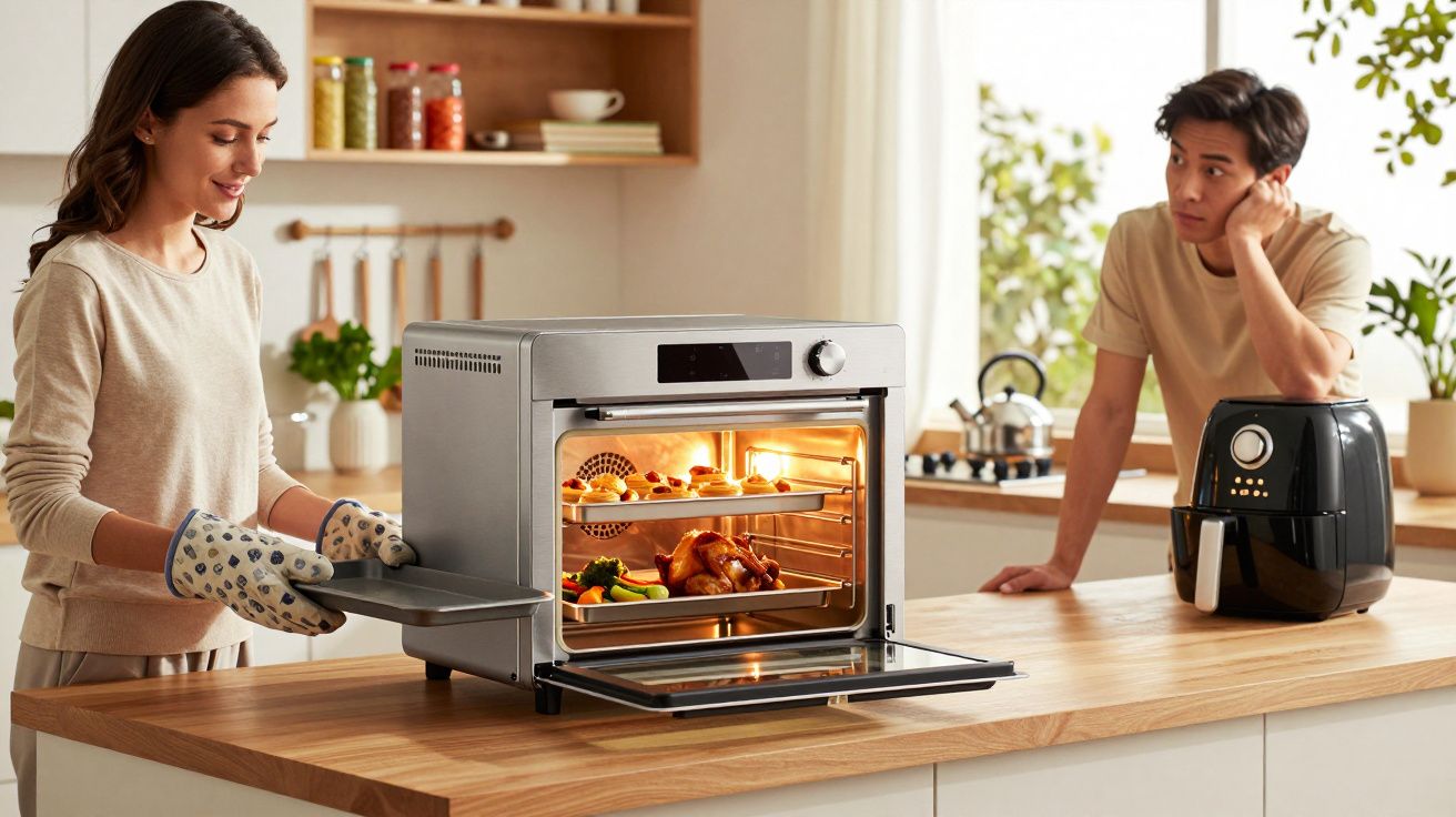 Mulher a retirar tabuleiro de forno elétrico na cozinha, homem observa encostado ao balcão.