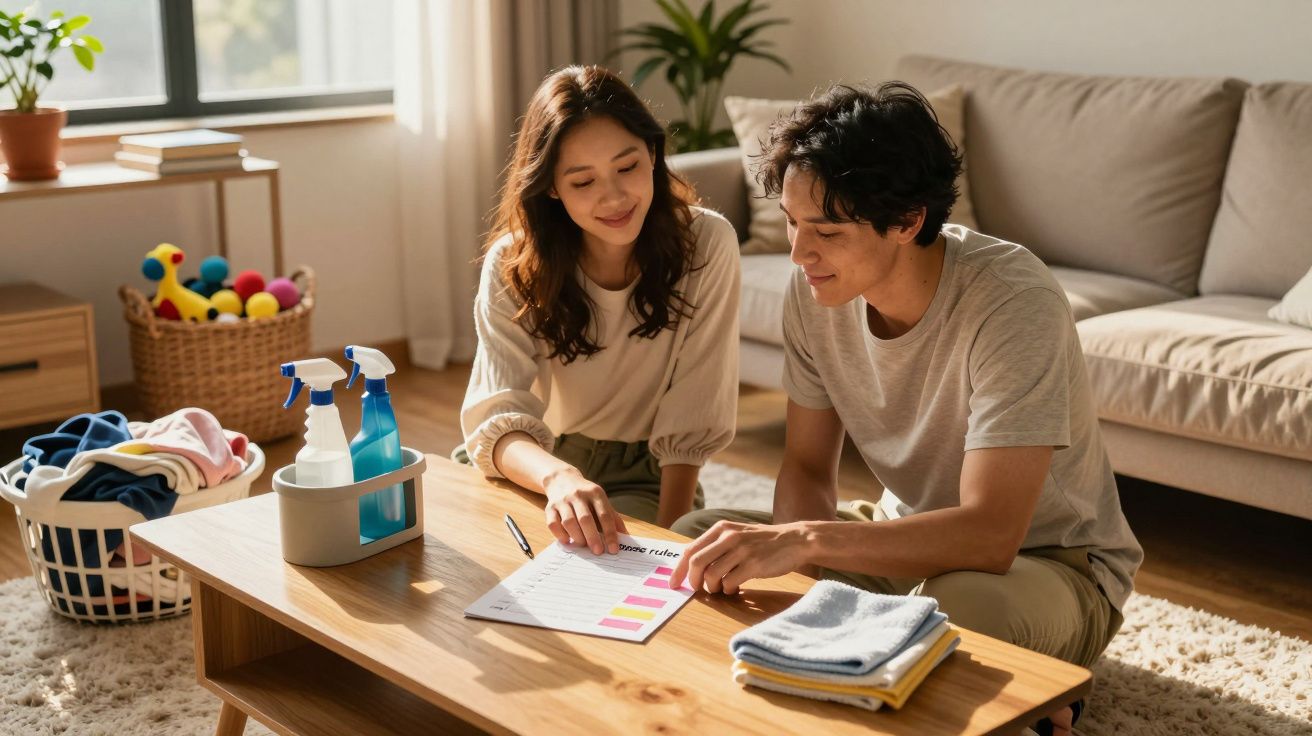 Casal sentados na sala a organizar tarefas de limpeza com lista, produtos e roupa dobrada numa mesa de madeira.