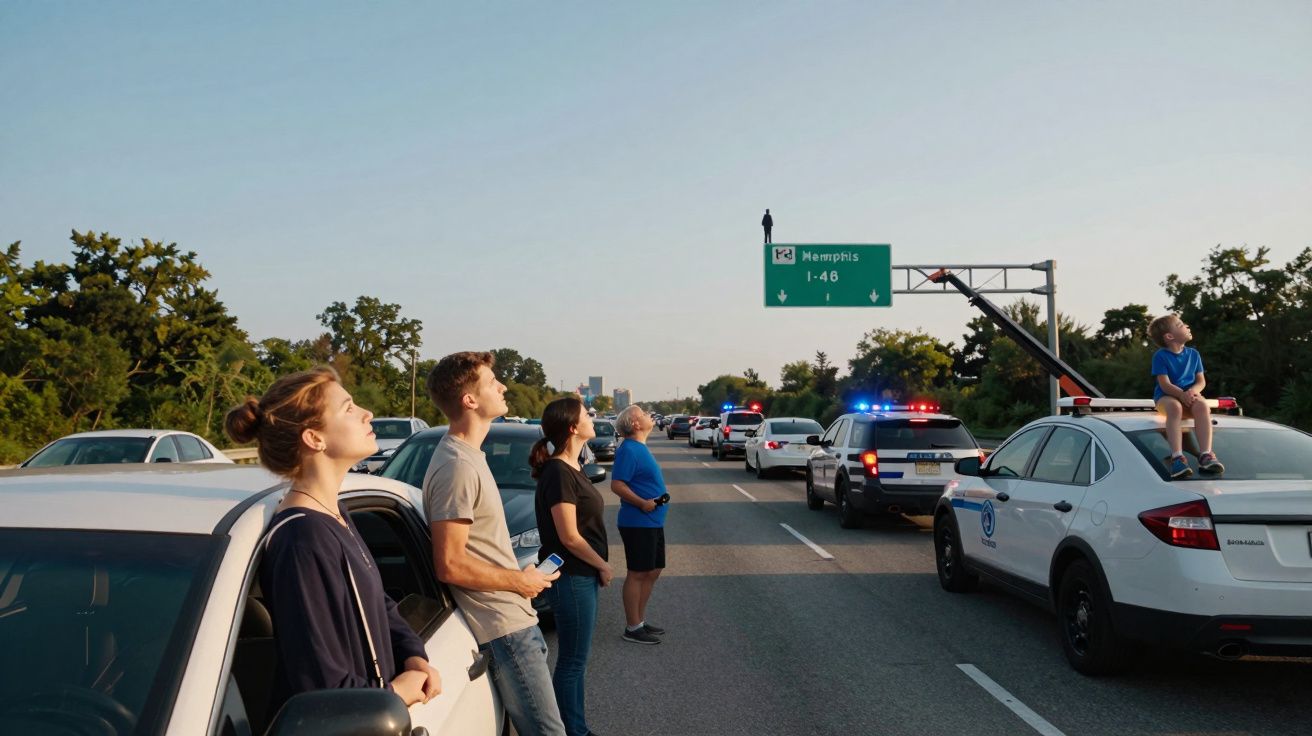 Pessoas paradas numa autoestrada com carros, incluindo viaturas policiais com luzes de emergência ligadas.