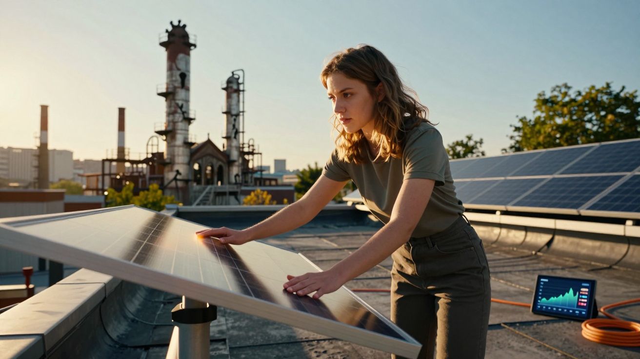 Mulher jovem a inspecionar um painel solar num telhado com instalações industriais ao fundo e ecrã com gráficos.