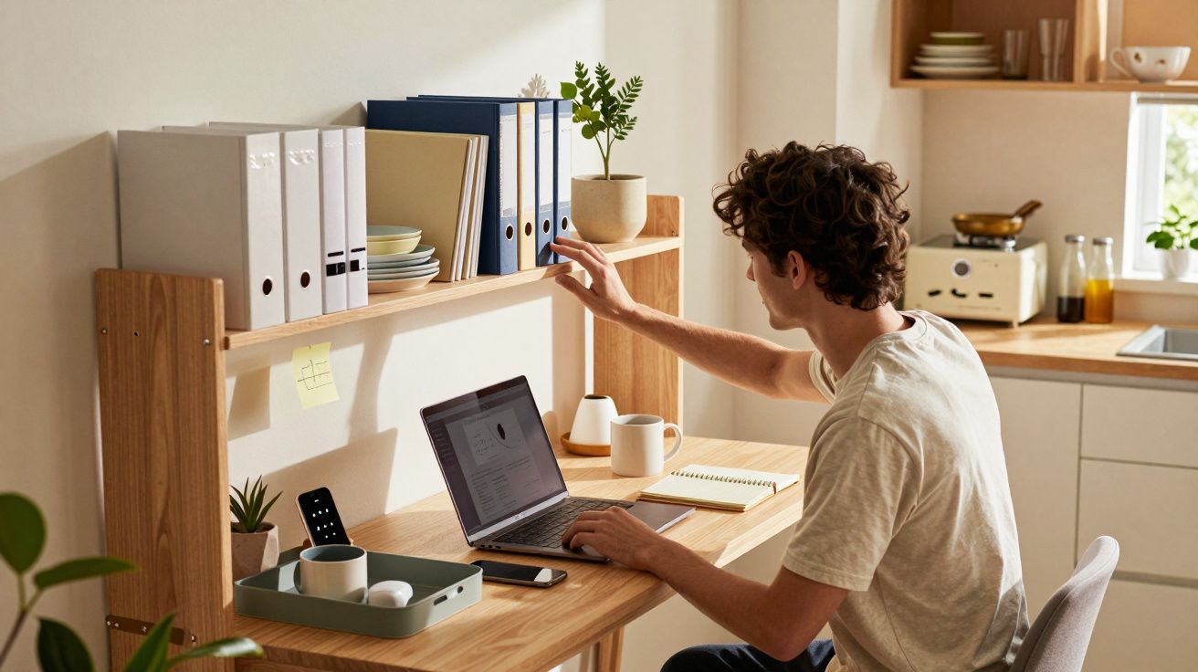 Homem sentado numa secretária de madeira, a usar portátil e a organizar pastas numa estante acima da secretária.