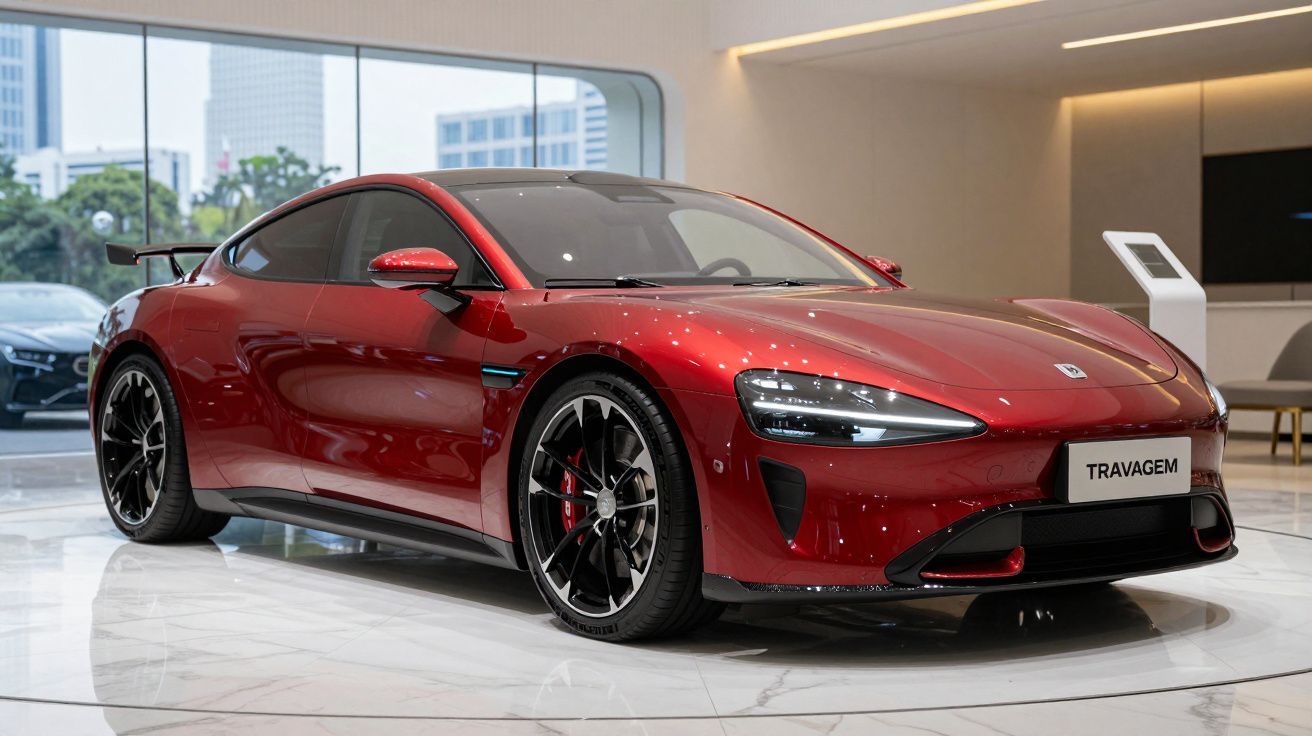 Carro desportivo elétrico vermelho exposto em salão moderno com jantes pretas de design arrojado.