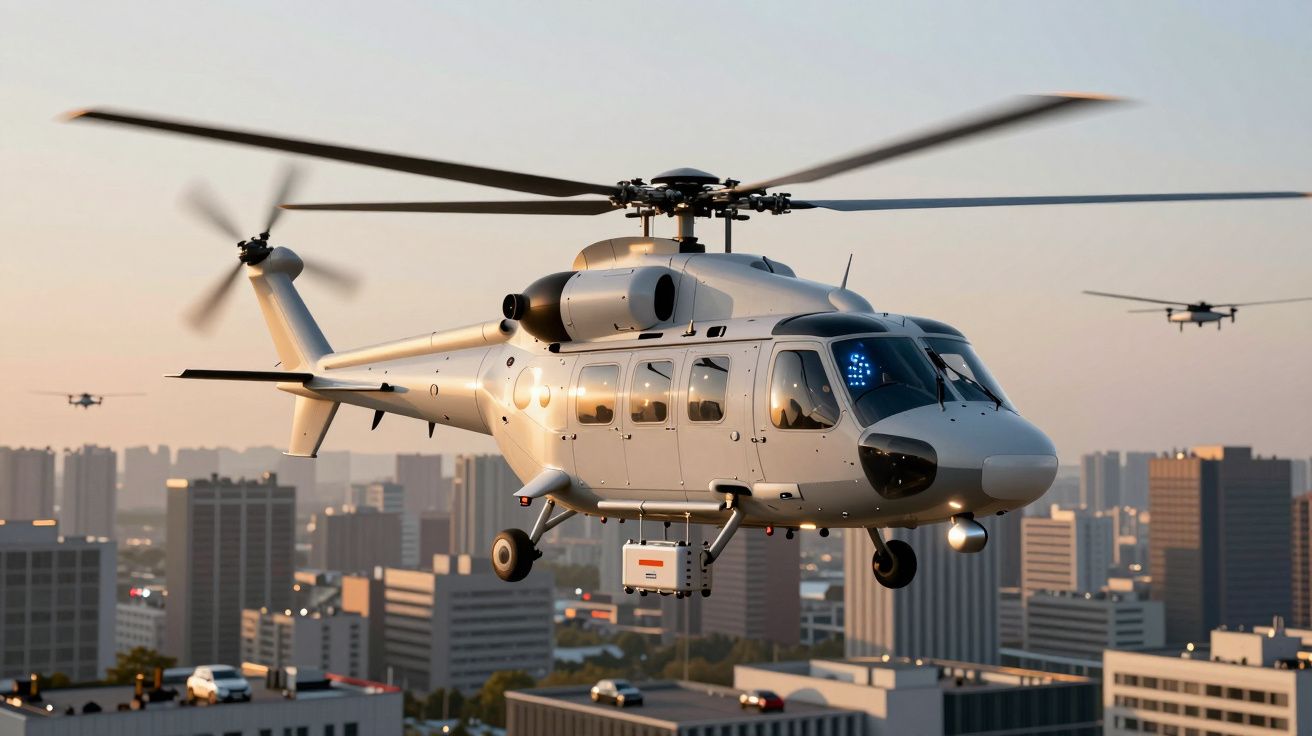 Helicóptero cinzento com luzes a voar sobre uma cidade com arranha-céus ao pôr do sol.