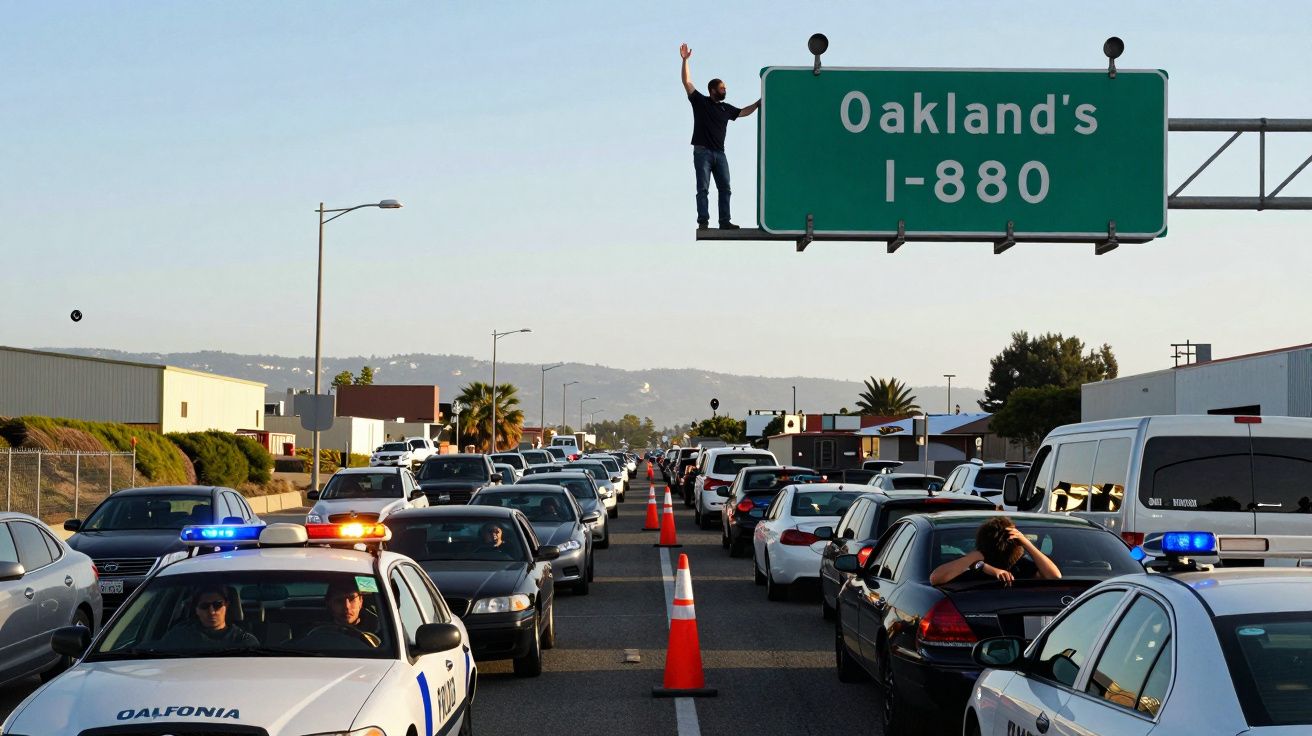 Pessoa em cima de placa de trânsito em estrada com trânsito intenso e viaturas policiais em Oakland, Califórnia.