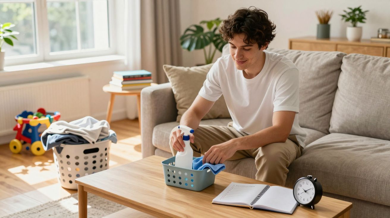 Homem sentado no sofá a preparar produtos de limpeza numa sala iluminada e arrumada.
