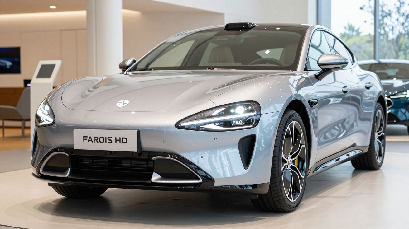 Carro elétrico desportivo prateado estacionado em interior, com faróis dianteiros ligados e design moderno aerodinâmico.