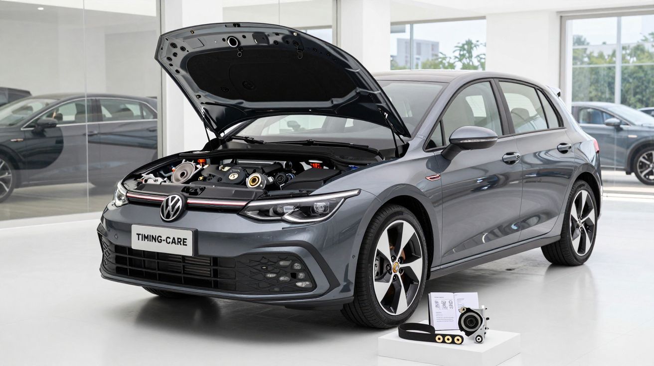 Carro cinzento Volkswagen com capot aberto numa oficina, ao lado de peças de automóvel.