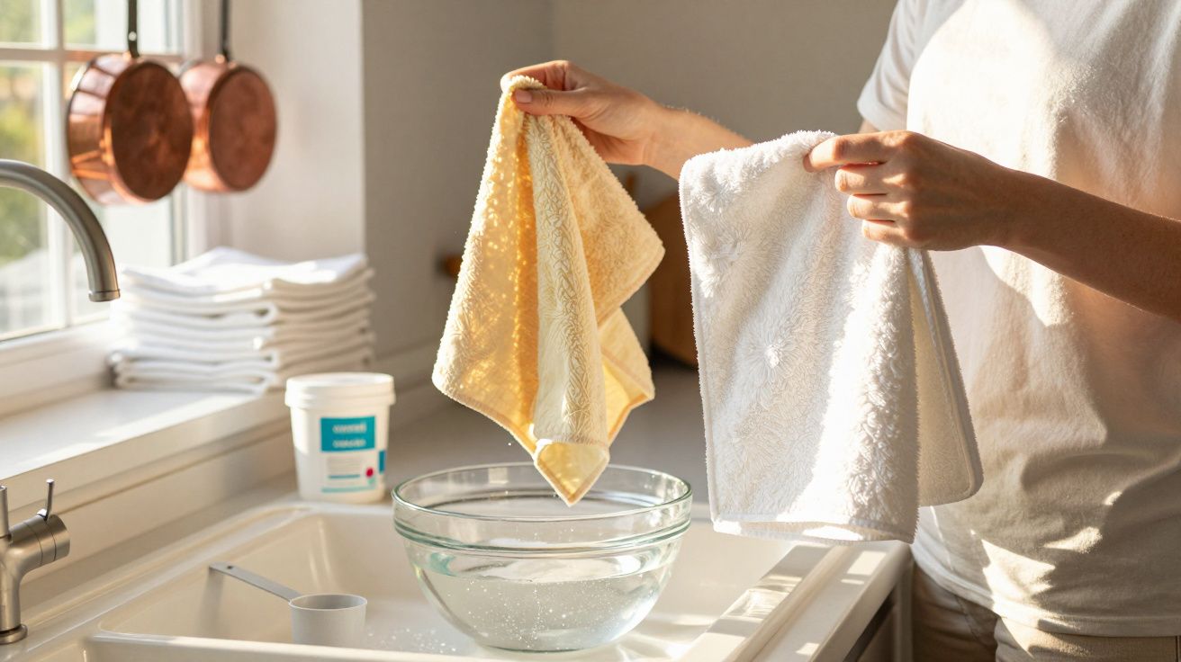 Pessoa a mostrar panos de cozinha húmidos sobre pia com luz natural na cozinha.