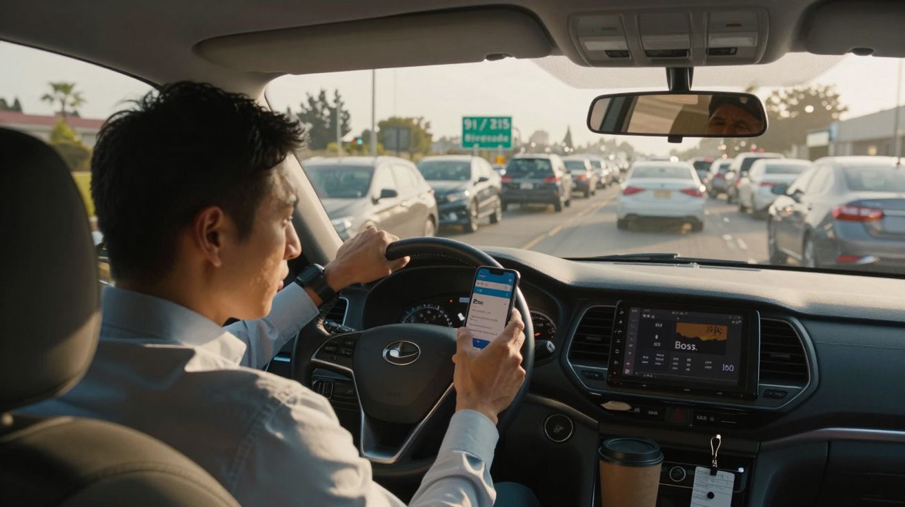 Homem conduzindo carro em trânsito intenso enquanto usa telemóvel, vista do interior do veículo.