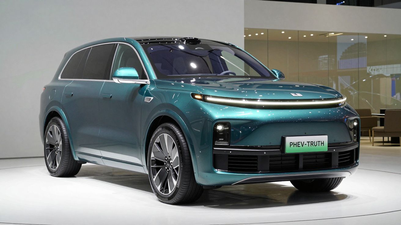 SUV elétrico verde-azulado em exposição, modelo PHEV-TRUTH com design moderno e iluminação LED.