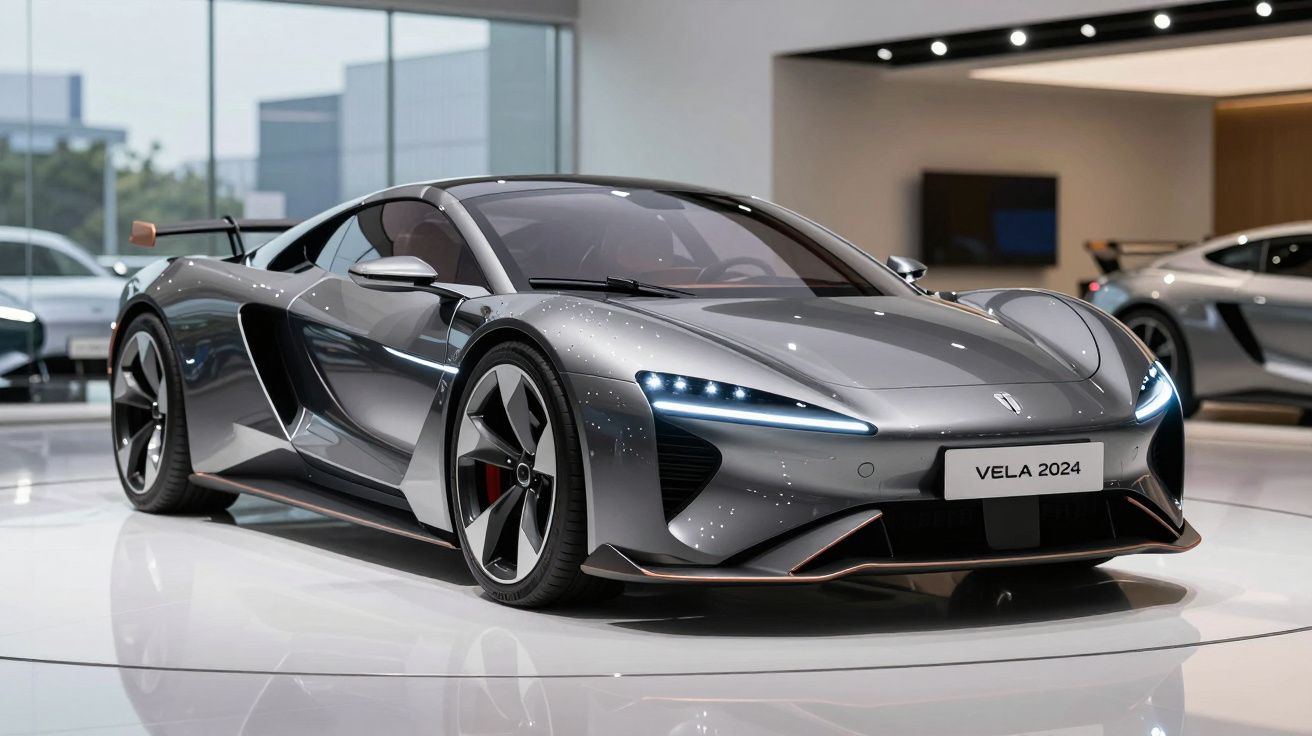 Carro desportivo cinzento metálico Vela 2024 em exposição numa sala moderna com iluminação suave.