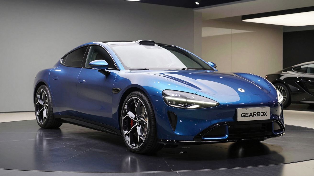Carro desportivo elétrico azul exposto em salão automóvel, com design aerodinâmico e faróis LED modernos.