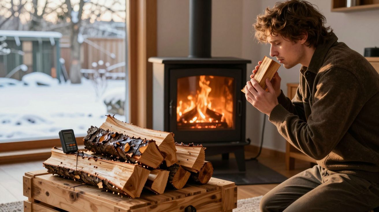 Homem junto à lareira acesa cheira pedaço de lenha num ambiente interior acolhedor com neve lá fora.