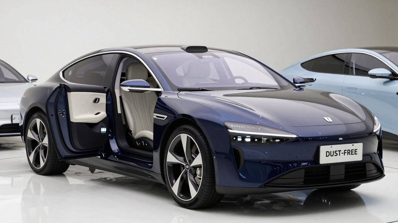 Automóvel elétrico azul com porta dianteira aberta e interiores claros exibido em espaço interior moderno.