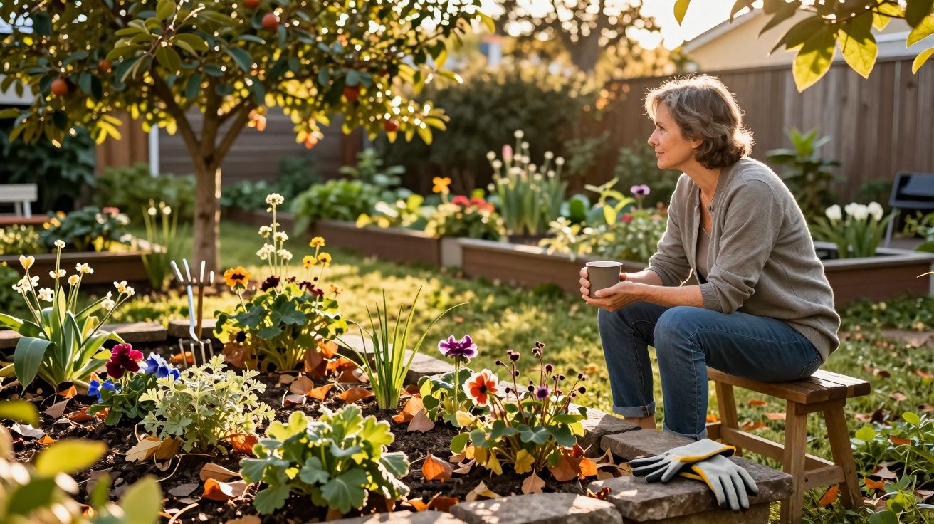Mulher sentada num banco no jardim a apreciar as flores, segurando uma chávena, ao fim da tarde.