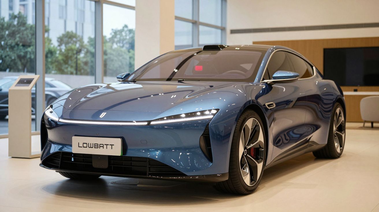 Carro elétrico desportivo azul escuro em exposição numa sala moderna com grandes janelas.