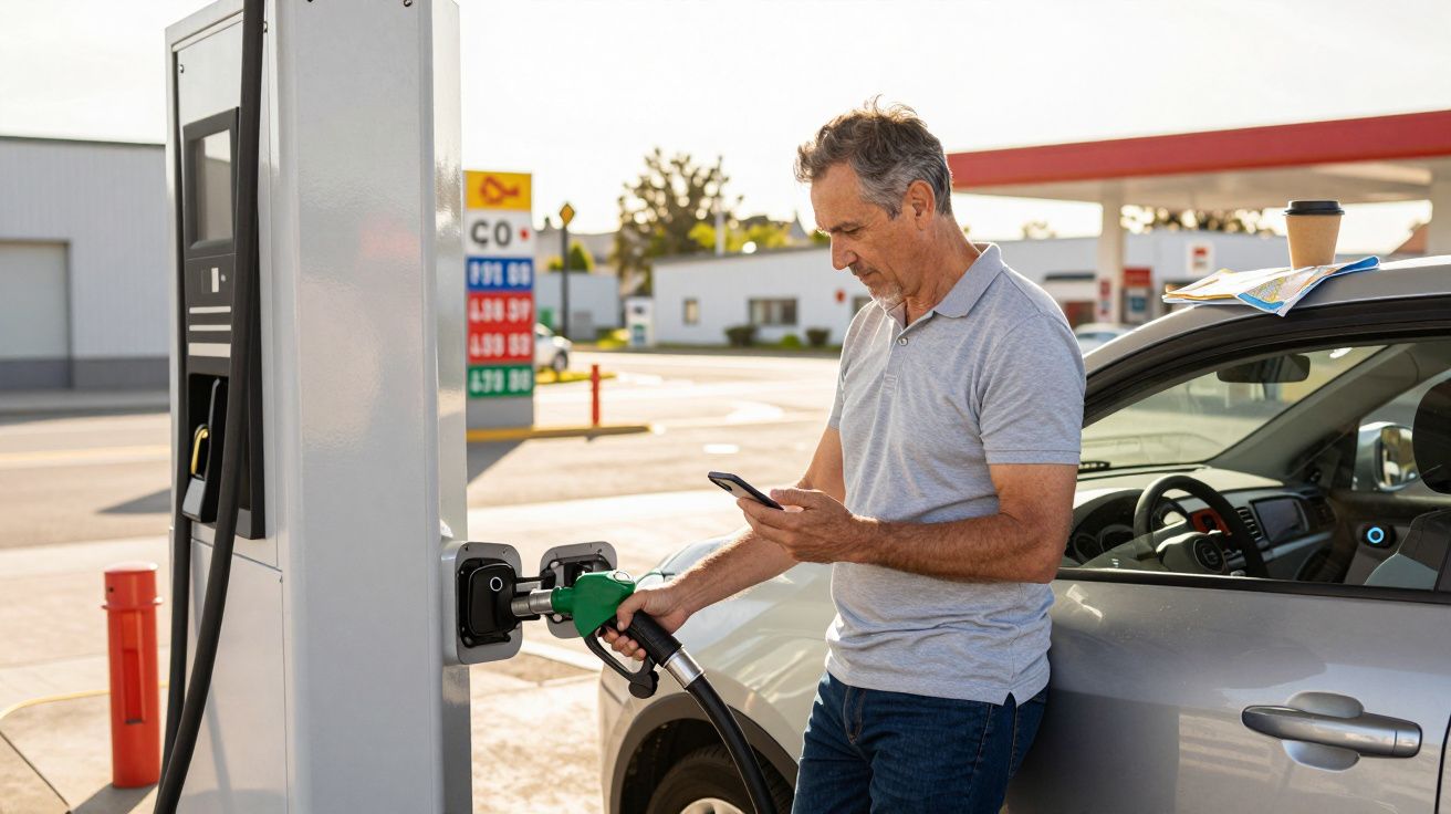 Homem abastece carro elétrico numa estação de carregamento ao ar livre, consultando o telemóvel.