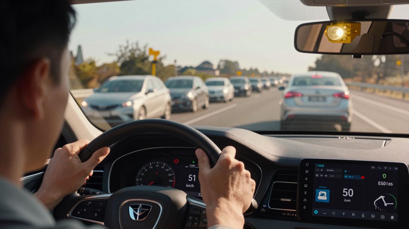 Motorista a conduzir em fila de trânsito lento numa estrada com vários carros à frente.