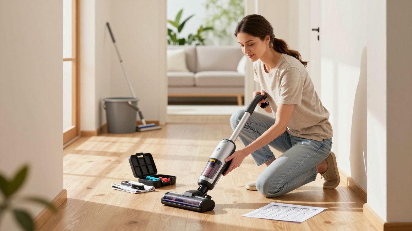 Mulher a limpar chão de madeira com aspirador, junto a ferramentas e documento no chão, numa casa iluminada.