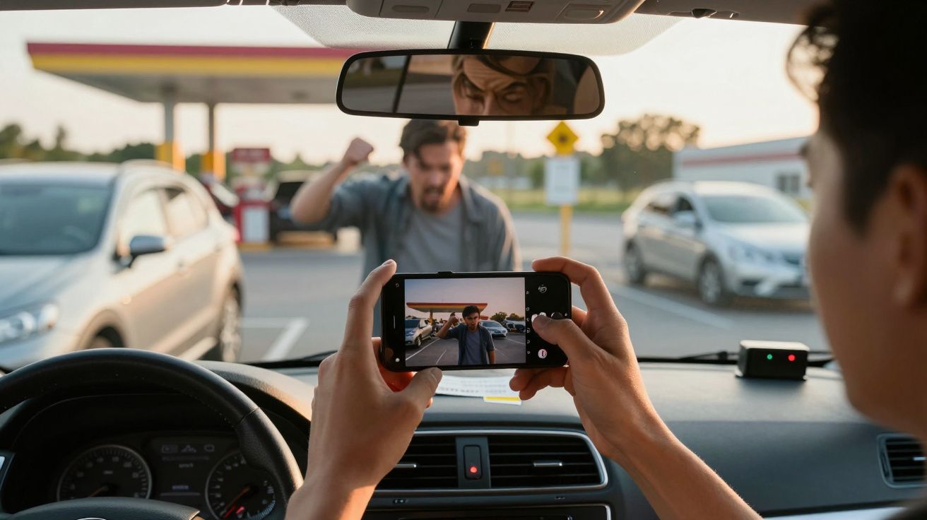 Pessoa a tirar foto de homem arrependido com punho fechado, através do para-brisas de um carro.