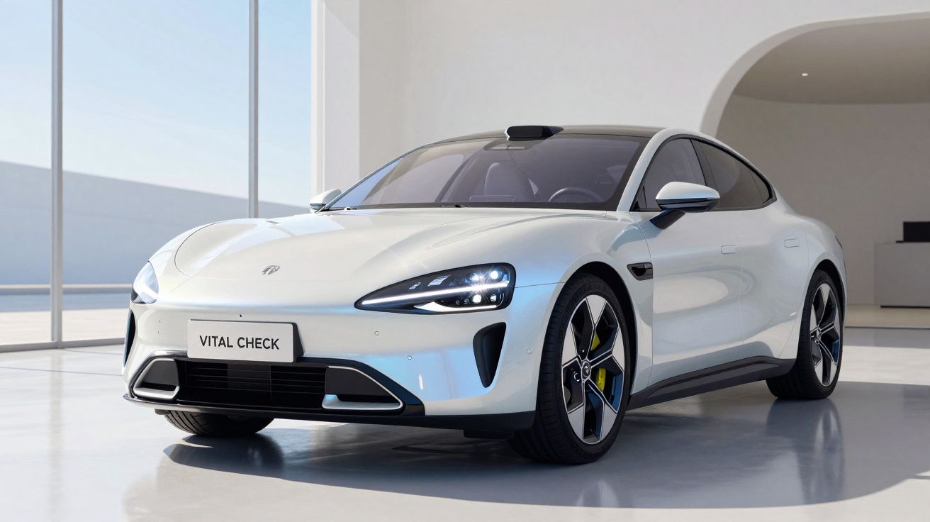 Carro elétrico branco com design moderno estacionado em interior minimalista com luz natural.